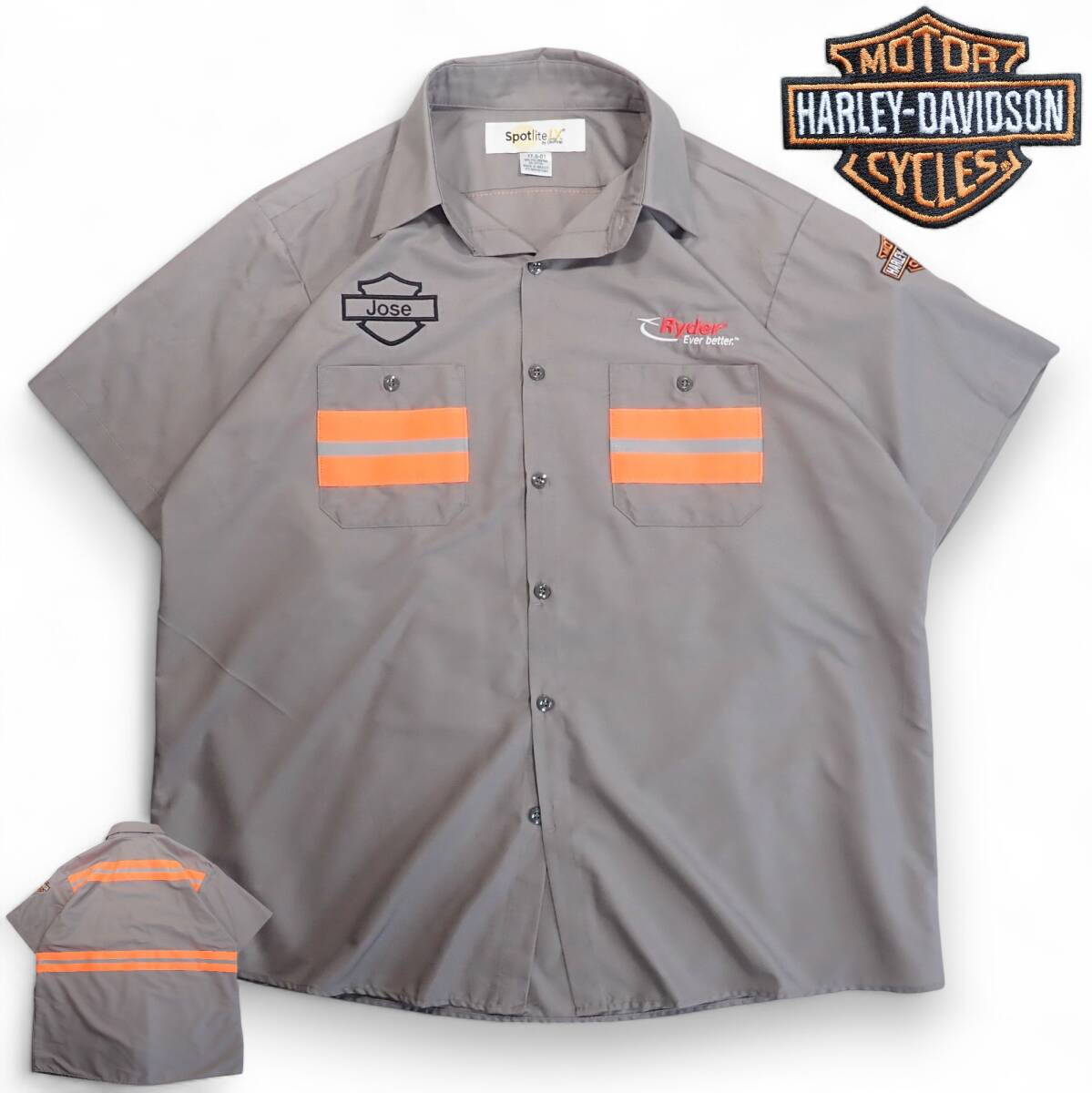 6813/Spotlite 半袖 ワークシャツ●Ryder Ever better MOTOR CYCLES HARLEY-DAVIDSON刺繍リフレクターライン●洗濯プレス済●古着拍卖