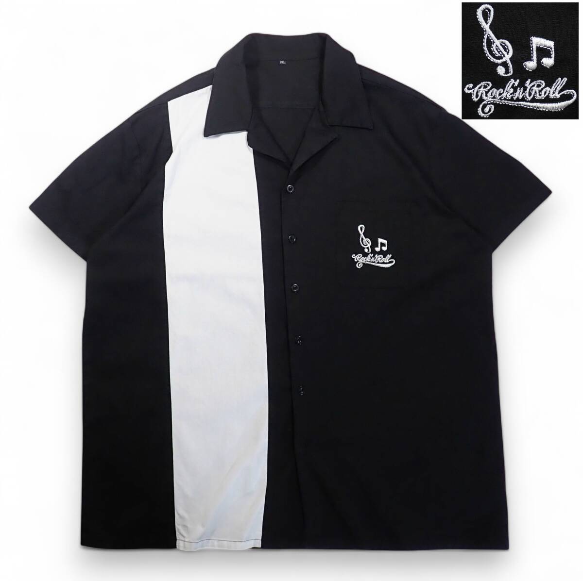 6833/半袖オープンシャツ●♪音符 ト音記号Rock'n'Roll刺繍 切り替えし ロカビリー フィフティーズスタイル●洗濯プレス済ネコポス可●古着拍卖