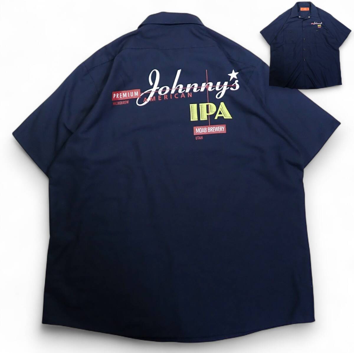 6854/美品 CornerStone 半袖 ワークシャツXL●両面プリントJohnny's AMERICAN IPA MOAB BREWERY BEERビール●洗濯プレス済ネコポス可●古着拍卖
