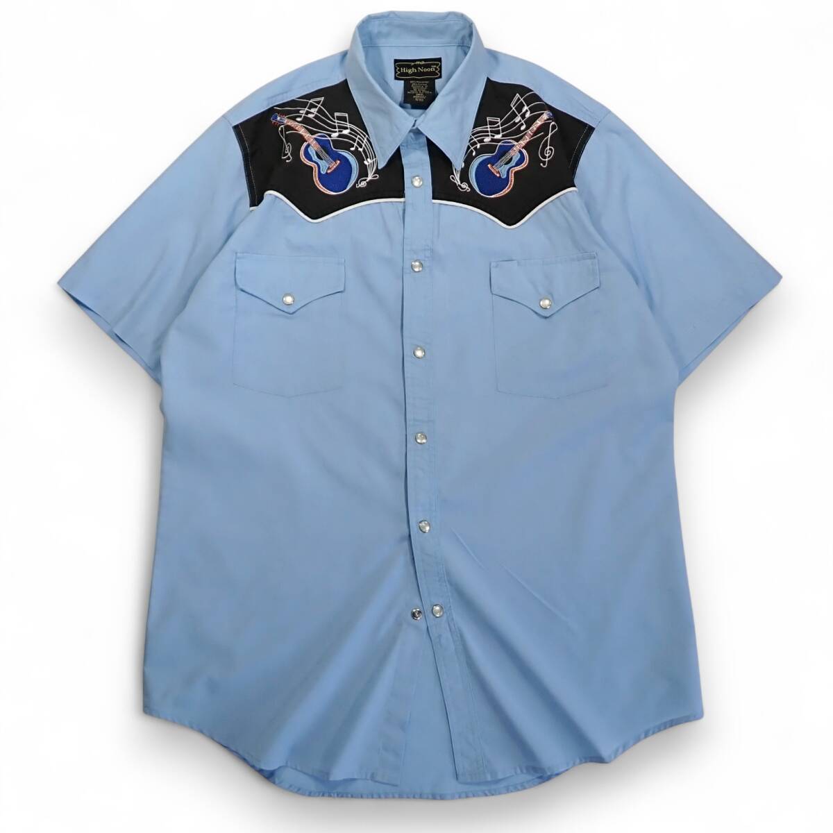 6890/High Noon 半袖ウエスタンシャツM●アコースティックギター 音符 ト音記号刺繍 ロカビリーRock'n'Roll●洗濯プレス済ネコポス可●古着拍卖
