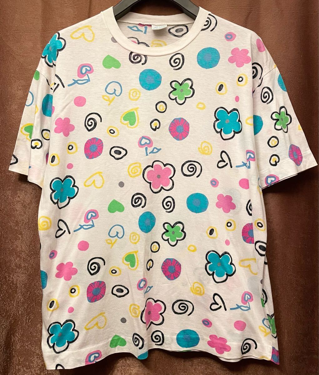 MADE IN ITALY製 UNITED COLORS OF BENETTON 総柄 プリントTシャツ ホワイト Mサイズ ユナイテッドカラーズオブベネトン イタリア製 白拍卖