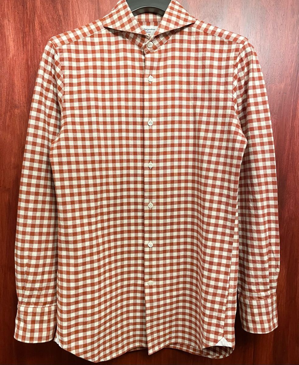 MADE IN JAPAN製 NOLLEY'S goodman Ferno生地 ギンガムチェック柄 長袖シャツ オレンジ×アイボリー 39-15 1/2サイズ ノーリーズグッドマン拍卖