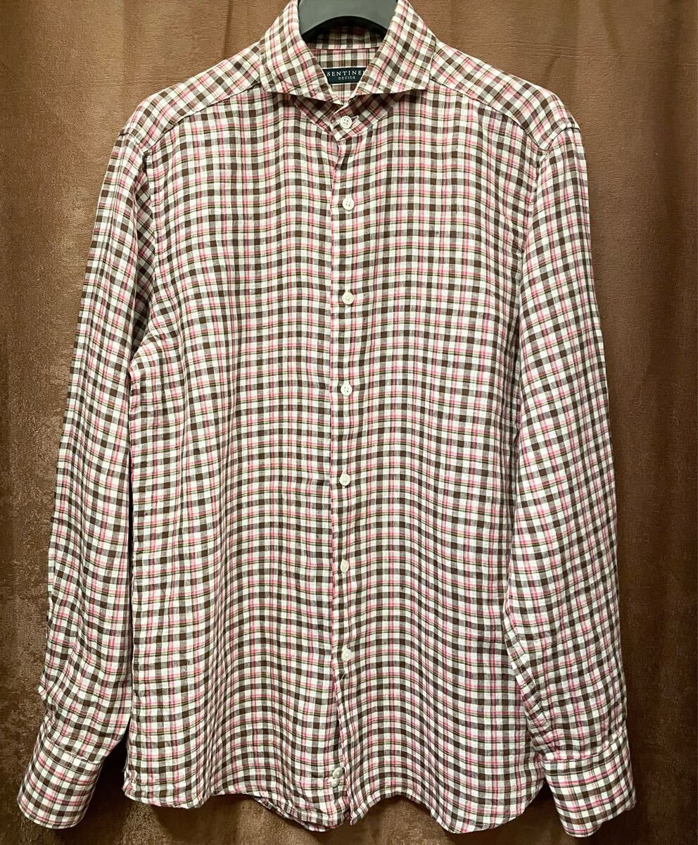 MADE IN JAPAN製 SENTINEL DECIDE チェック柄 長袖リネンシャツ ブラウン×ピンク 48サイズ センティネルディサイド 日本製 長袖シャツ拍卖