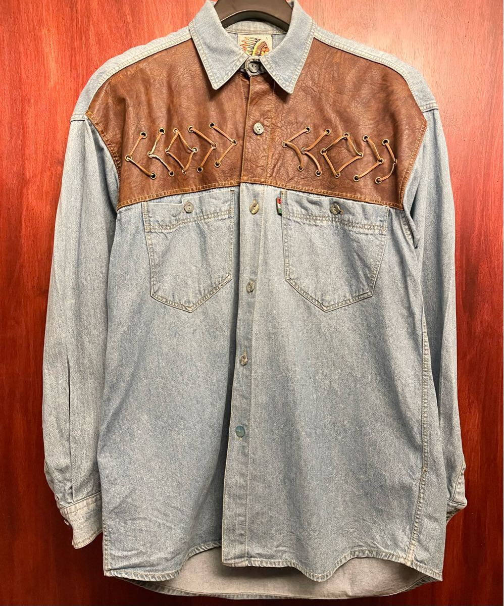 palet. JEANS レザー切り替え 長袖デニムウエスタンシャツ ライトインディゴ×ブラウン Lサイズ デニムシャツ 長袖シャツ レザー拍卖