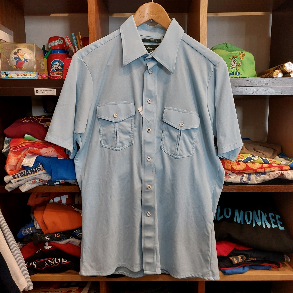 vanheusen 水色 L ポリエステル シャツ ドレスシャツ 半袖シャツ 開襟シャツ 検索 70's 70s 80's 80s ビンテージ 07G1106拍卖