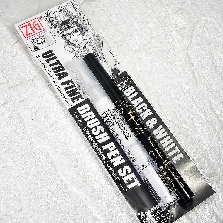 ■▲送料無料【Kuretake/呉竹】ZIG BLACK & WHITE 超極細 筆ぺんセット 白筆ぺん & 愛ライナー IKTB-21/2V 水性顔料 白黒2本組 新品 /K406拍卖