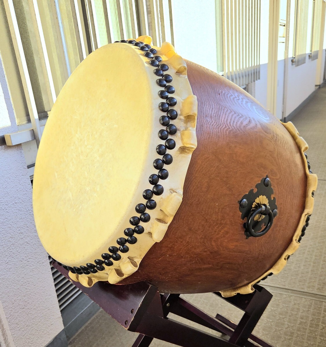 長胴太鼓 1.6尺 タモ くり抜き 巻耳あり 専用斜め台付き ソフトケース付き 和太鼓拍卖