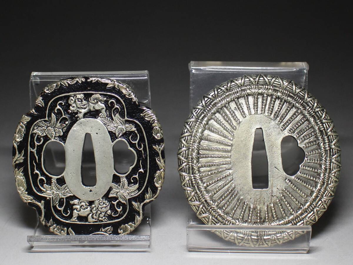 ◆武具・銅地・鍔・2点・唐草銀輪図・唐草獅子図・鐔・刀鐔・銅鍔・刀装具・古武具◆a7177h 拍卖