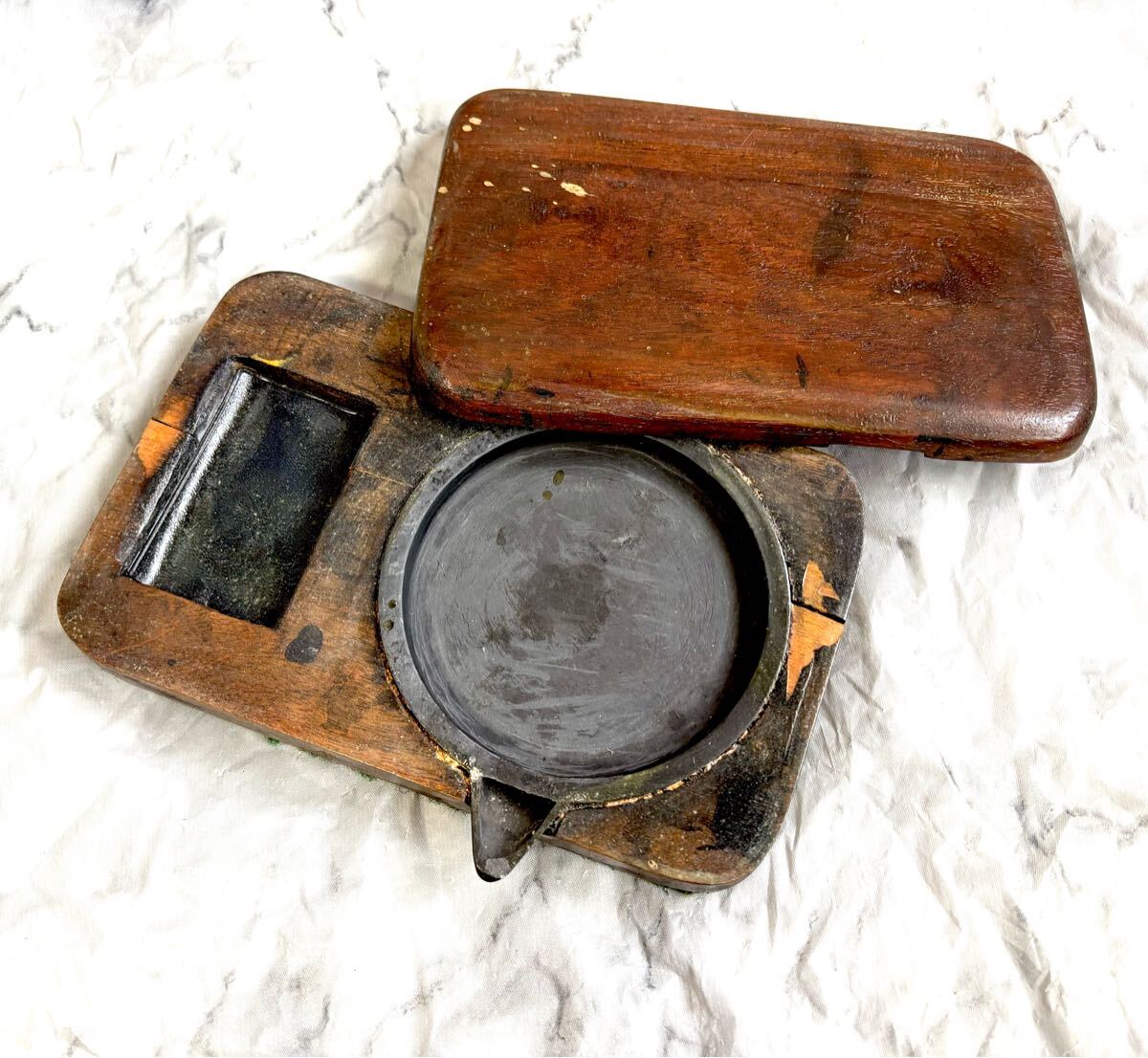 rrkk3884 木蓋 硯 丸 墨池 箱 清 中国 古硯拍卖