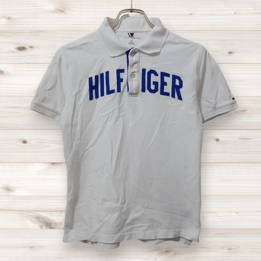 D0302 トミーヒルフィガー TOMMY HILFIGER ポロシャツ 半袖 (L) 白 プリント文字 レギュラーカラー拍卖