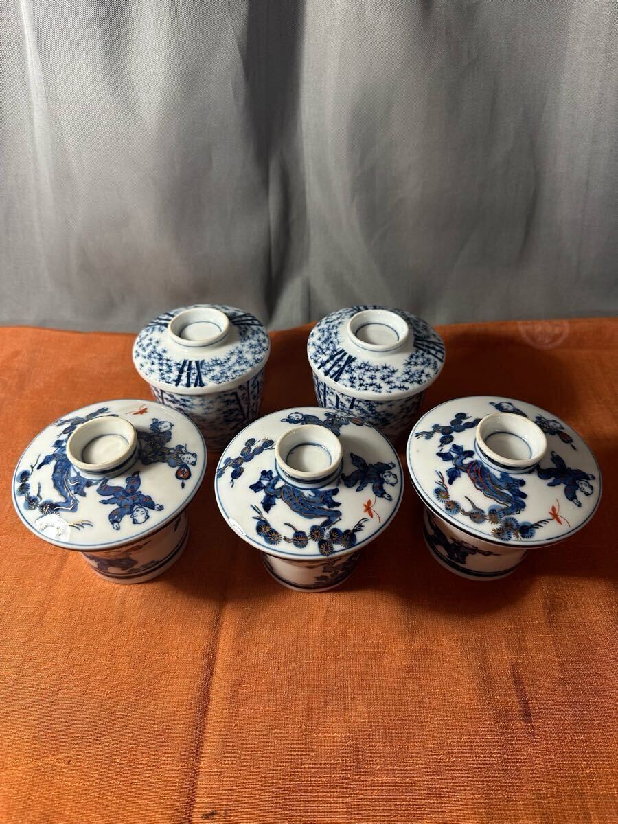 川吉陶園銘付き 蓋付き茶碗蒸し器2点有田焼 鍋島焼 銘付き五陶 茶碗蒸し器3点 計5点 和食器拍卖
