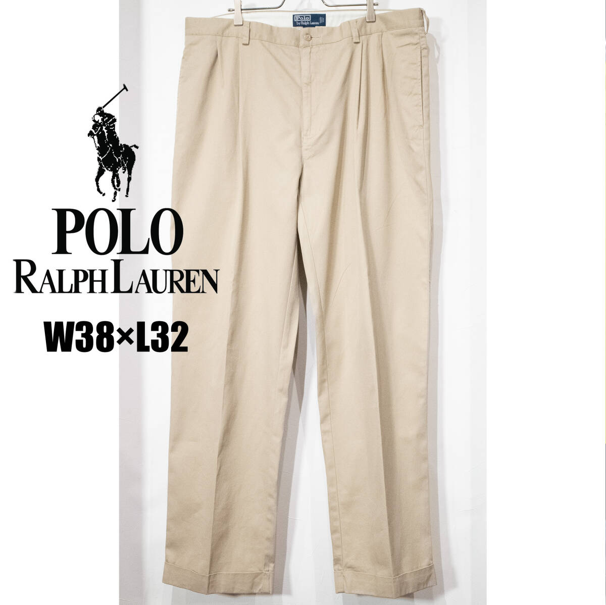 W38 L32 / 90s Polo by RALPH LAUREN ラルフローレン タック ライト コットン チノパンツ ベージュ ハイウエスト HAMMOND ハモンド 古着拍卖