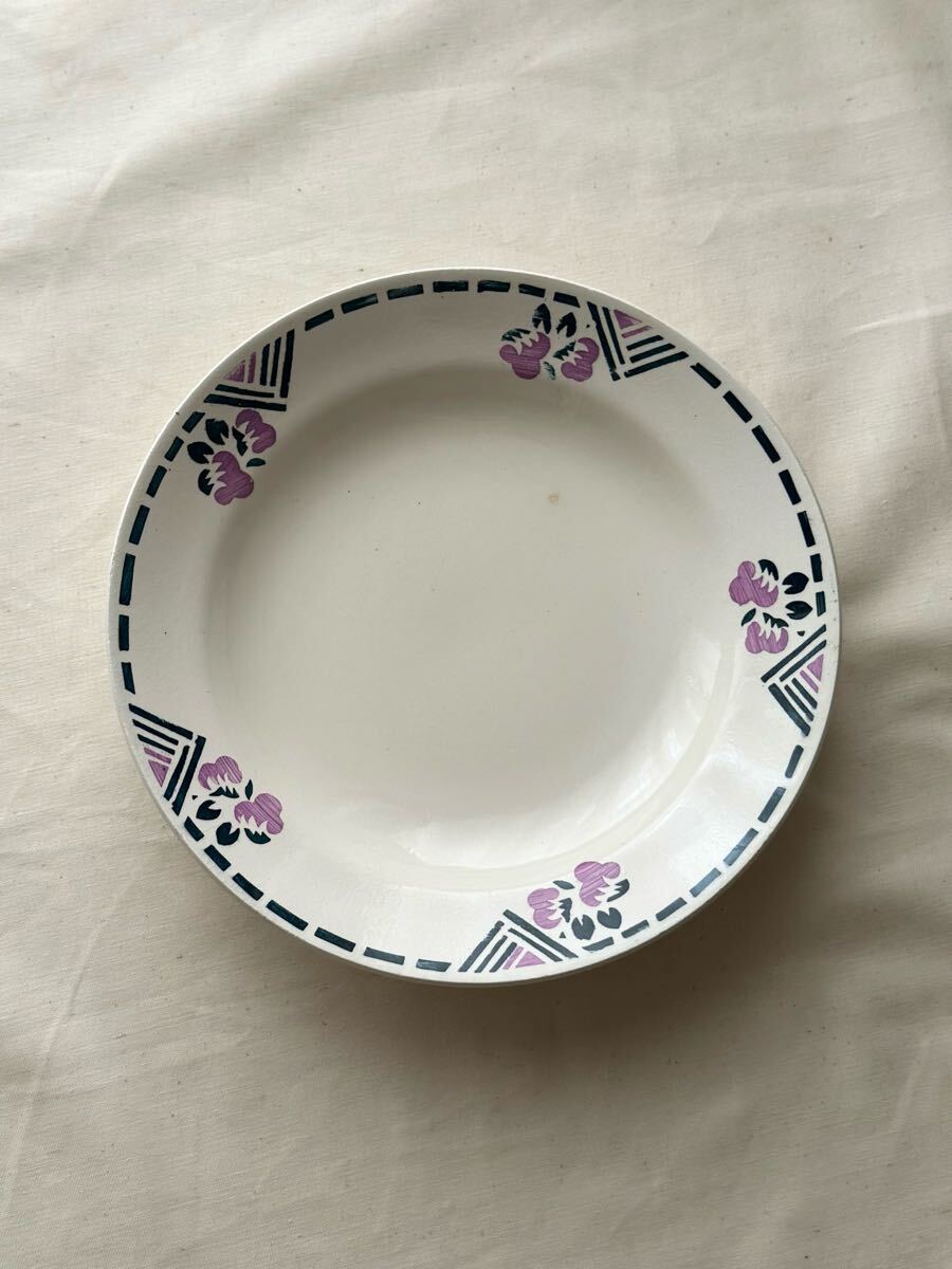 良品 フランス アンティーク 皿 Longchamp ロンシャン パープルのアールデコ調の花柄 深皿プレート ブロカント ヴィンテージ拍卖
