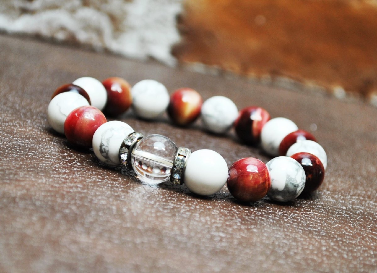 ■送料無料 新品 ☆ 天然石ブレスレット・ハウライトの白色は「純粋・無垢」金運・仕事運のタイガーアイ・ ブレスレット 12mm拍卖