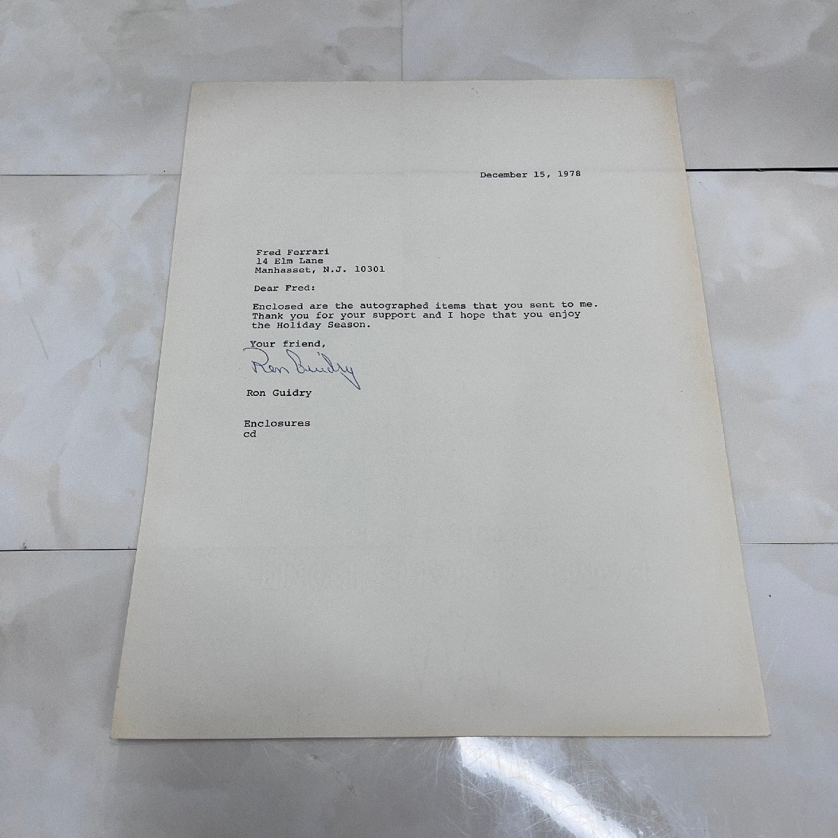 ∞M∞ フレッド・フェラーリ宛 ロン・ギドリー 直筆サイン入り手紙 1978年 野球 ∞N-250709拍卖