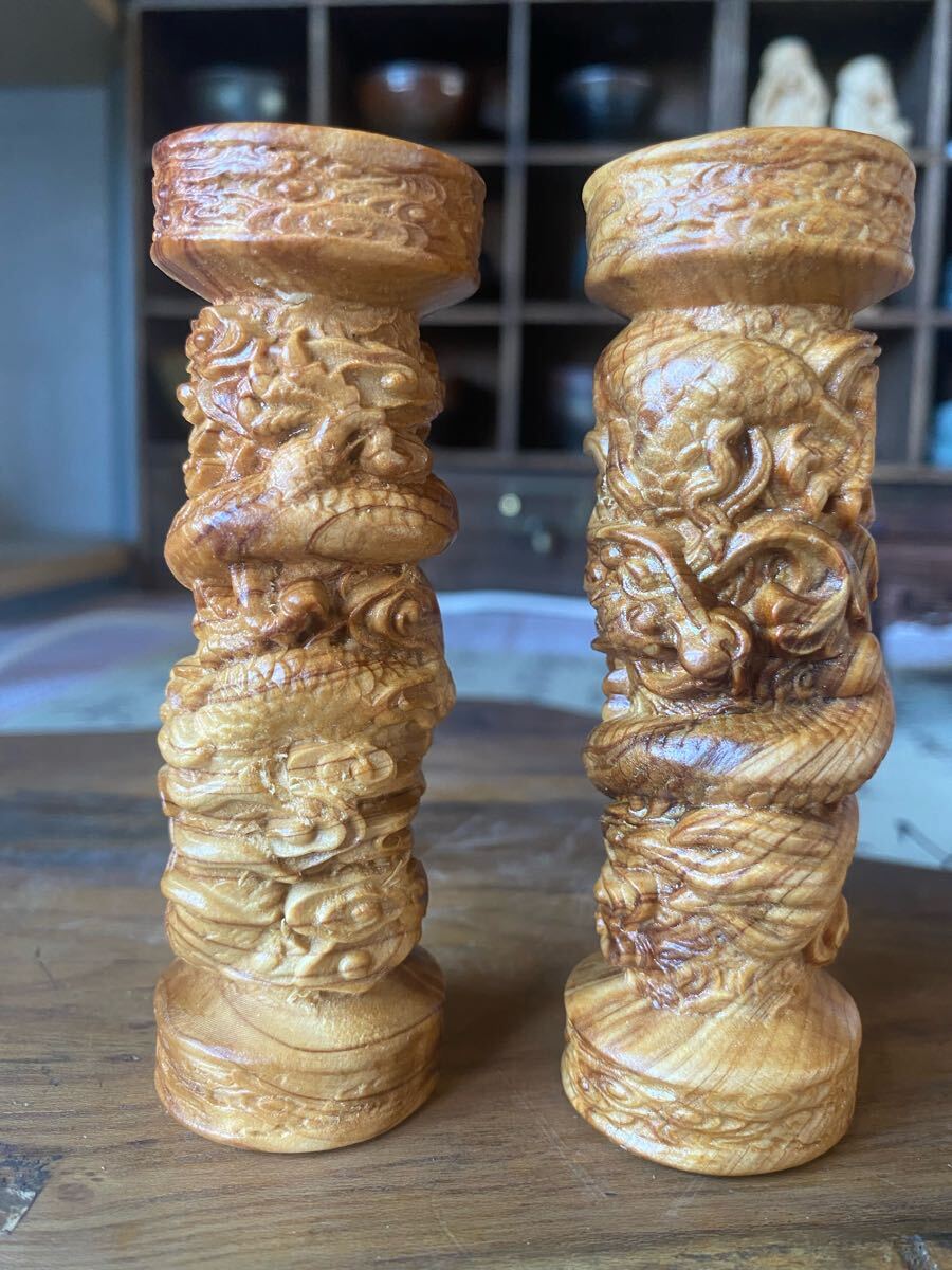 送料無料 仏教美術 木彫 龍柱 10cm 木製ドラゴン彫刻装飾品 2個セット オブジェ 置物拍卖