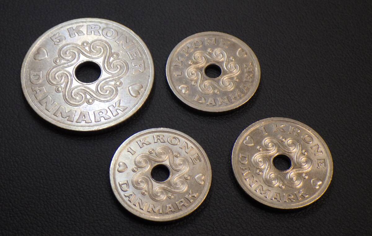 #17669B デンマーク硬貨 デンマーク ハート クローネ 5クローネ(1990) 1クローネ(1992) KRONER DANMARK 4点まとめ拍卖