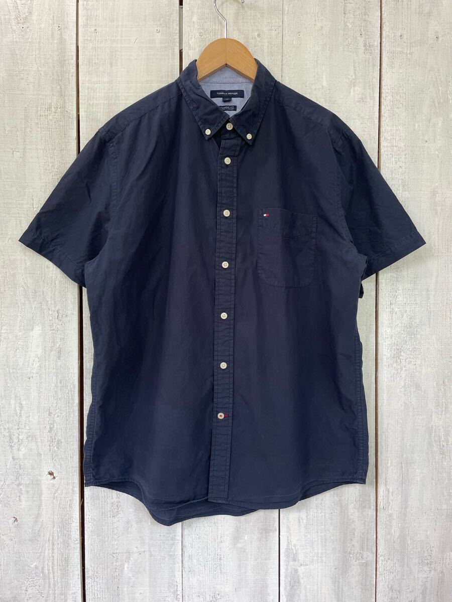 TOMMY HILFIGER トミーヒルフィガー コットン半袖シャツ 単色シャツ 胸ロゴ メンズL 良品拍卖