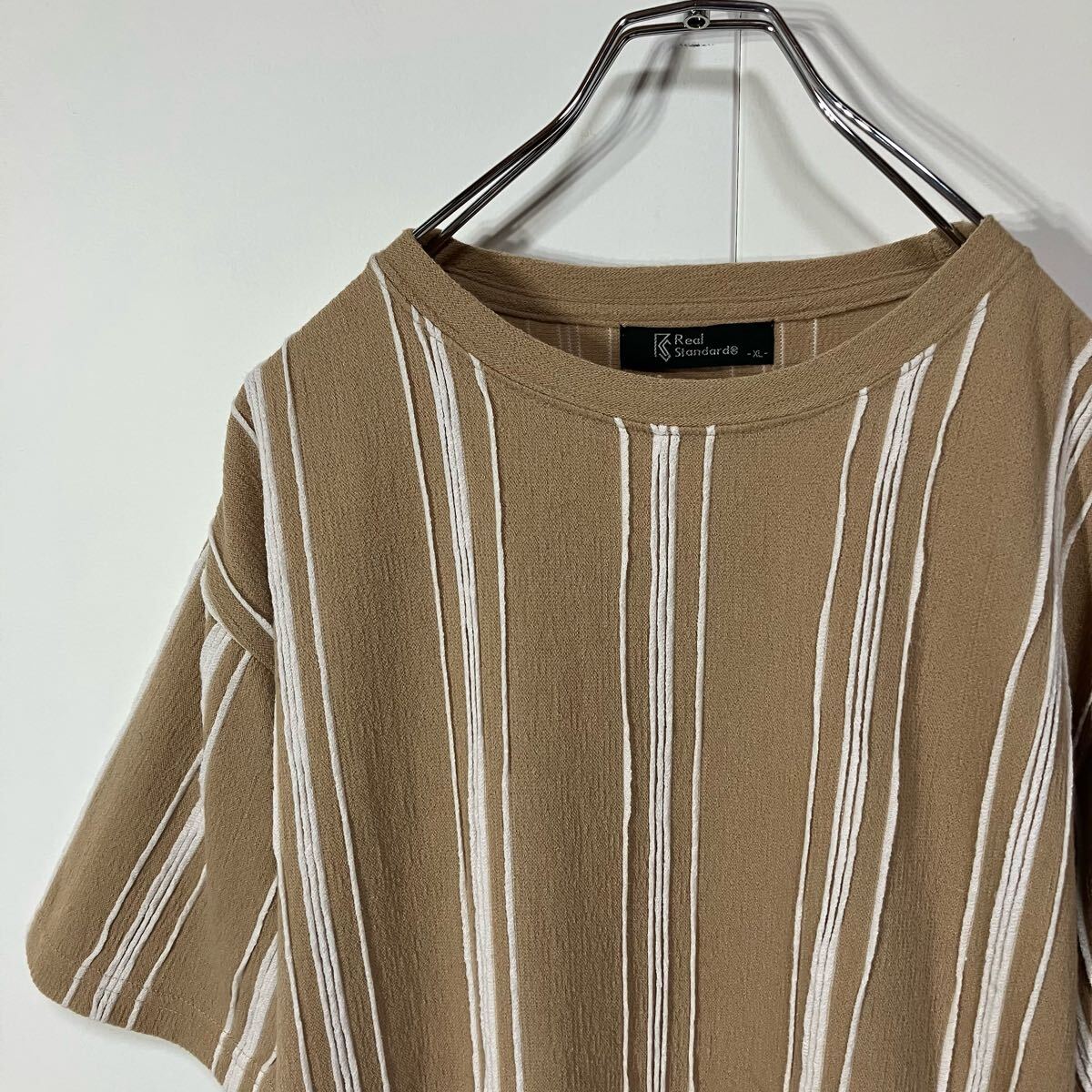 古着 立体 ストライプ 楊柳調 クルーネック 半袖 Tシャツ ライトブラウン ホワイト XL拍卖