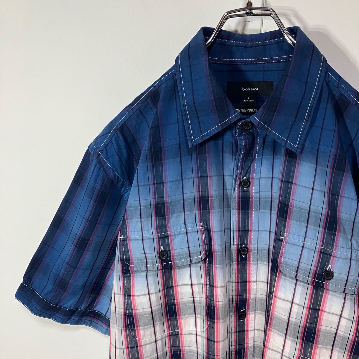 古着 グラデーション チェック ダブル ポケット ラウンドカット コットン 半袖 シャツ ネイビー ホワイト ピンク L拍卖