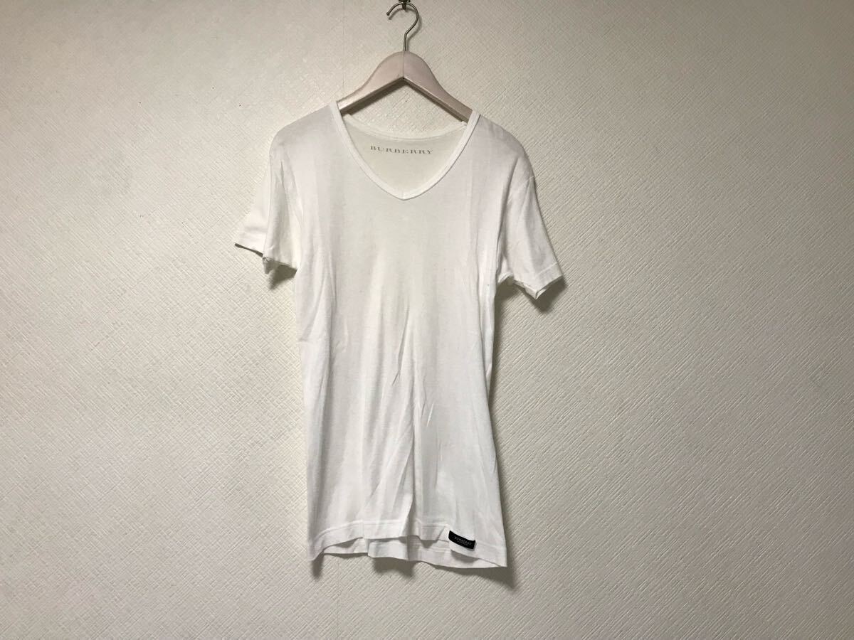 本物バーバリーロンドンBURBERRY LONDONコットンVネック無地半袖Tシャツメンズワークビジネススーツモードゴルフドレス白ホワイトM日本製拍卖