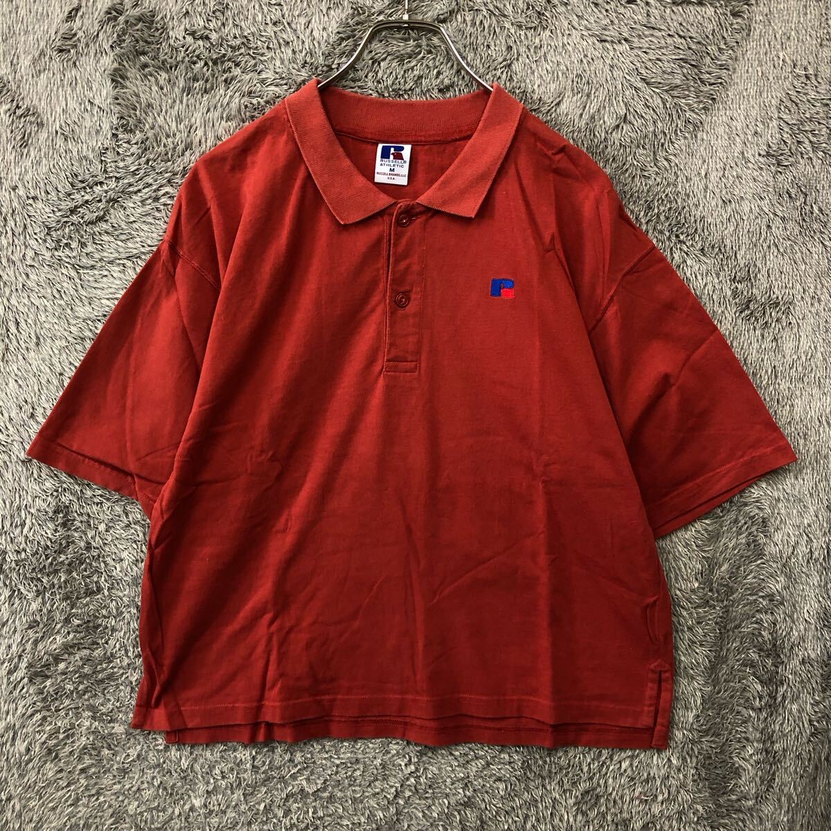 Russell Athletics ラッセル 半袖ポロシャツ 半袖シャツ 鹿の子 サイズM レッド 赤 ロゴ刺繍 メンズ トップス 最落なし (I2)拍卖