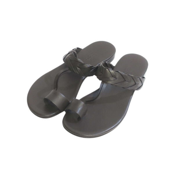 HERMES エルメス 編み込み レザー フラット サンダル ブラウン #35 1/2 約23cm向け 中古品 used A拍卖