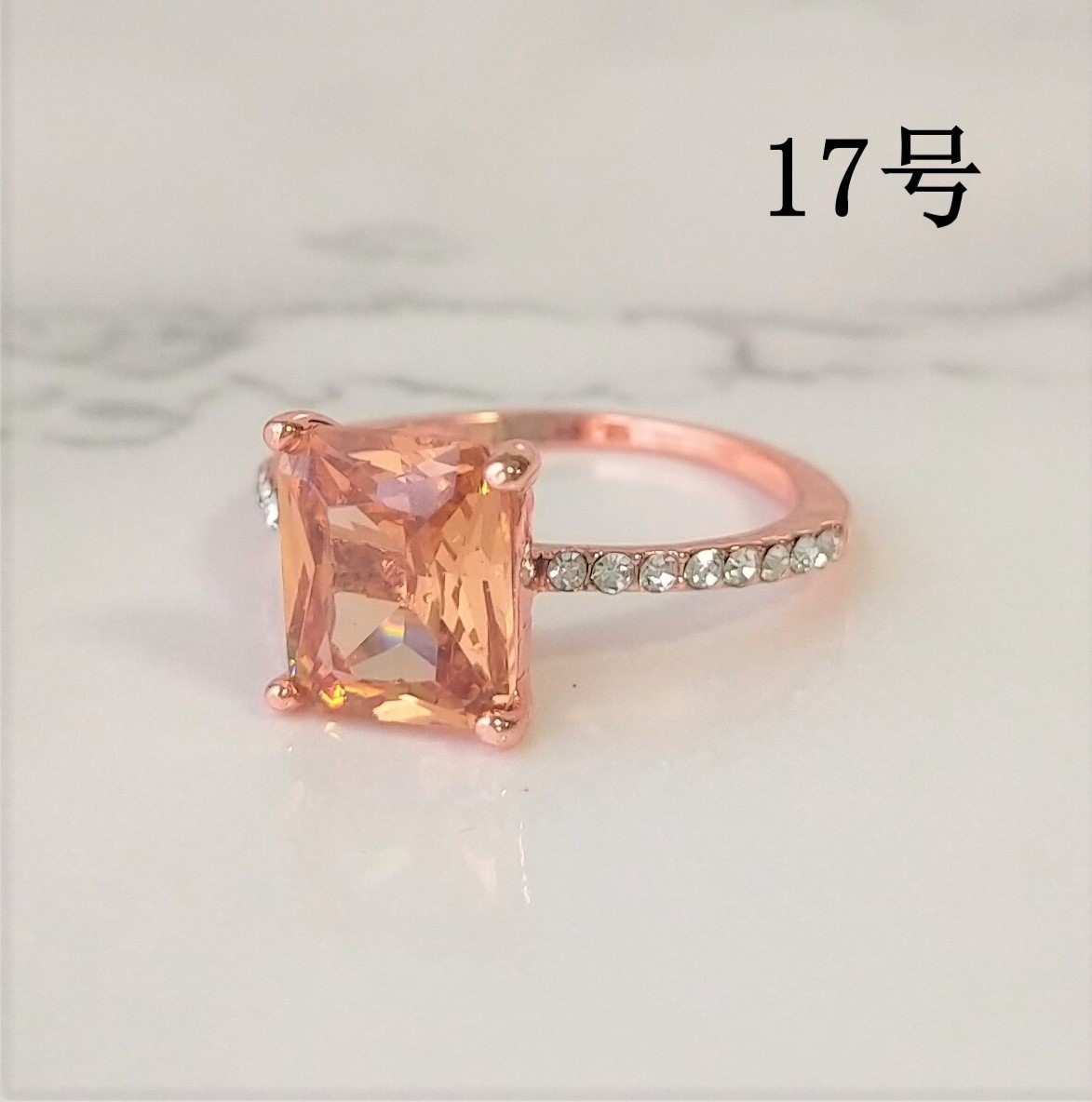 スクエアリング ピンクゴールド 17号 ジルコニア 普段使い 指輪 大粒 スクエア リング パパラチアサファイアカラー ピンクオレンジ拍卖