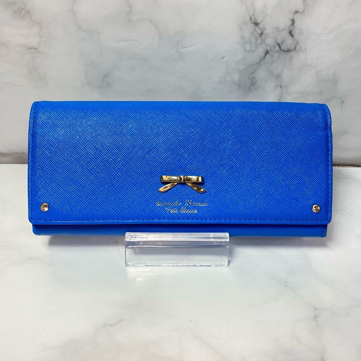 未使用 Samantha Thavasa Petit Choice サマンサタバサ プチチョイス 被せ長財布 ブルー ゴールドリボン レザー拍卖