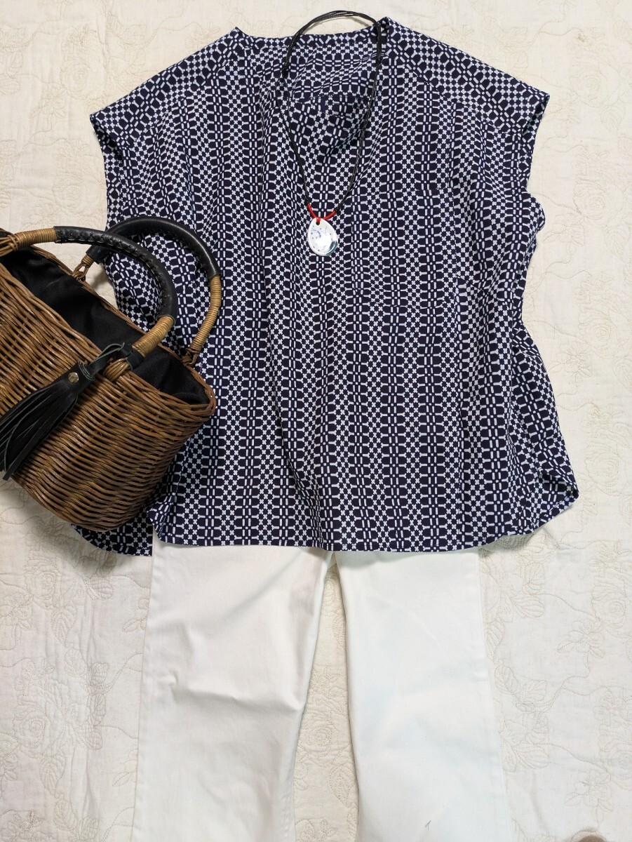 ★浴衣リメイク 渋い本染め浴衣から 涼しいフレンチスリーブプルオーバー 綿 1点物 L~LLサイズ拍卖