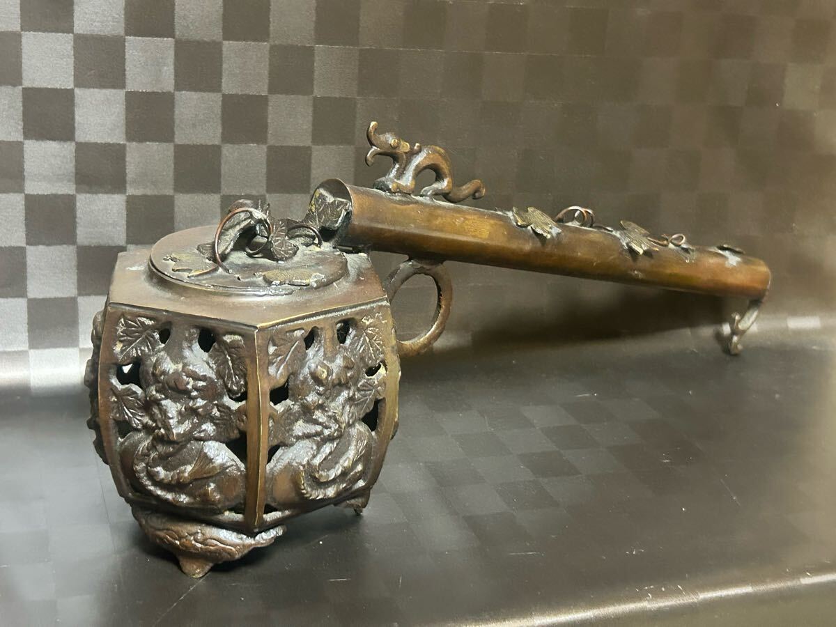 銅製 矢立 香炉 43cm 骨董品 古道具 透かし細工 装飾 蔓瓢箪 アンティーク 矢立香炉拍卖