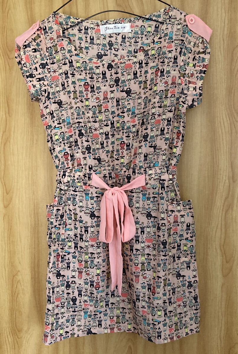 ★未使用★ ピープル柄 ピンク系 チュニックワンピース ポップカラー リメイク用素材としても ScoLar スカラー好きの方拍卖