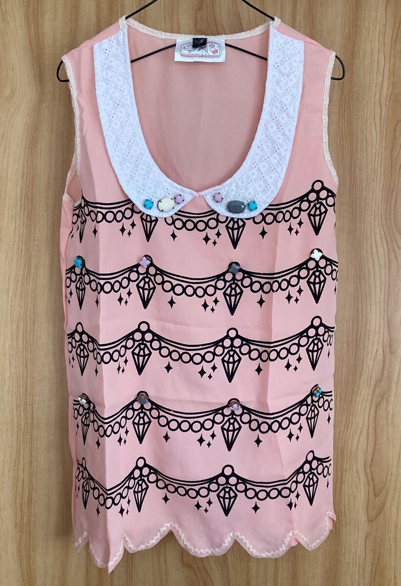 ★未使用★【Botany】襟レース ビジュー付き ノースリーブ ブラウス サーモンピンク リメイク素材としても拍卖