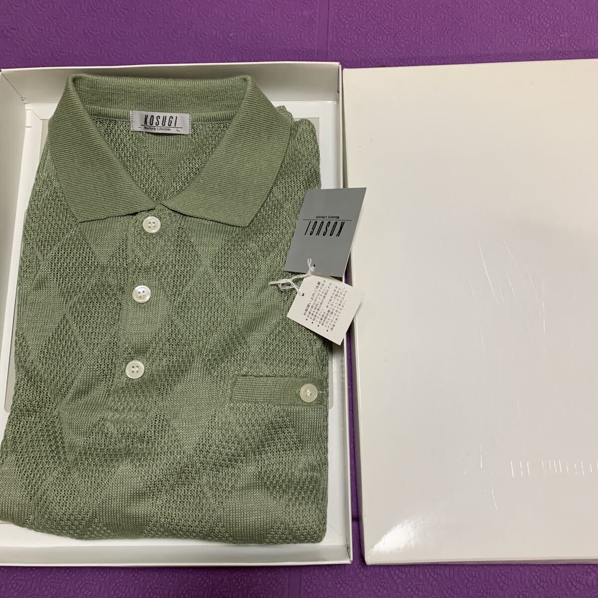 新品タグ付き麻100%生地編み上げ生地で光沢あり紳士用 半袖ポロシャツLサイズ小杉産業(株)拍卖