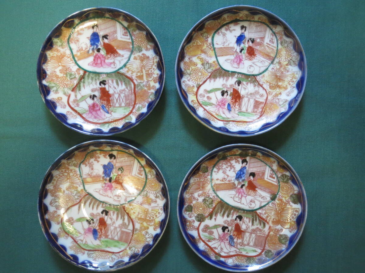 印版 色絵皿 婦人図 4枚 JAPAN 輸出物 蝶 菊花 拍卖