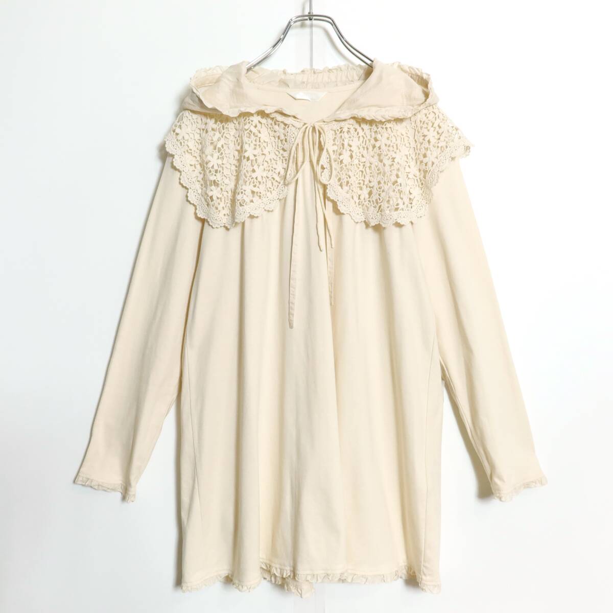 ピンクハウス★フード付きカットソー 長袖 アイボリー系 レース襟付き♪ピコフリル&ピンタック z14320拍卖