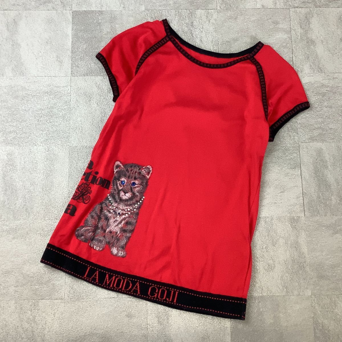 美品 伊太利屋 イタリヤ 半袖 カットソー tシャツ レディース 7 S レッド ブラック拍卖