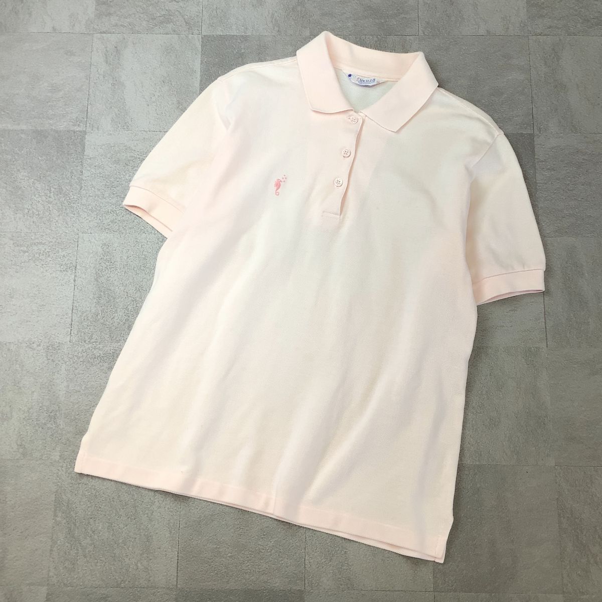 【上品シルエット】横浜 元町 老舗 フクゾー FUKUZO タツノオトシゴ刺繍 半袖 ポロシャツ36 S ピンク拍卖