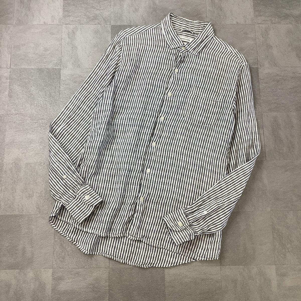 【高級フレンチリネン100%】GLOBAL WORK グローバルワーク フレンチリネン ストライプシャツ メンズ Lサイズ拍卖