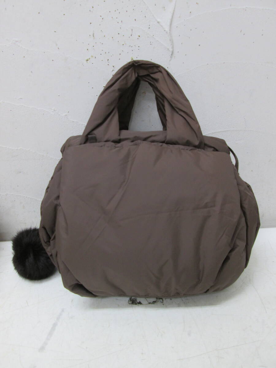 (82)☆B-Three ビースリ― ナイロン ミニ ハンドバッグ ブラウン ファーチャーム付き 約24×22×12cm拍卖