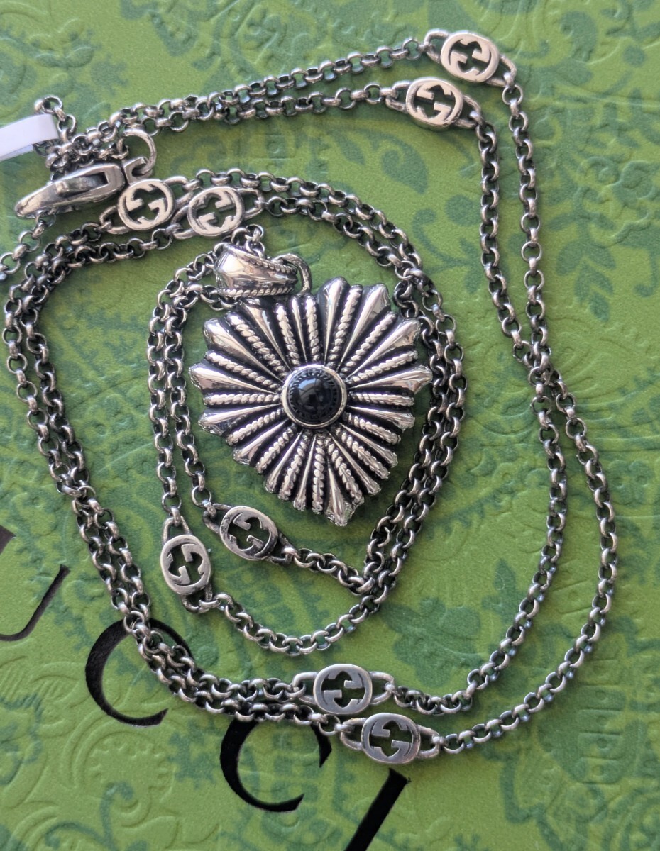 新品未使用 GUCCI グッチ オニキス ハート シルバー ネックレス ブラック チョーカー 60cm 拍卖