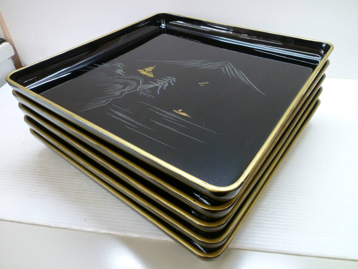 ★沈金 山水図 会席膳 5客セット 黒塗 漆器 お盆 幅36cm お膳 敷膳 四方盆 角盆 プレート トレー 懐石道具 m拍卖