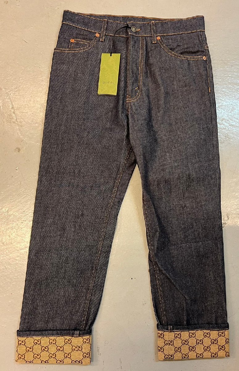 ☆GUCCI グッチ☆ GG 折り返し付き GGコットンラペル ダークブルー デニム パンツ 700949 XDB1Z denim pants拍卖