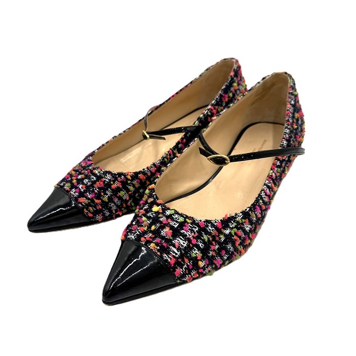 ジェニファーチャマンディ ツイードパンプス ローヒール ストラップ カラフル 黒 送料無料 i0619a00637 中古 古着 ブランド古着DB拍卖