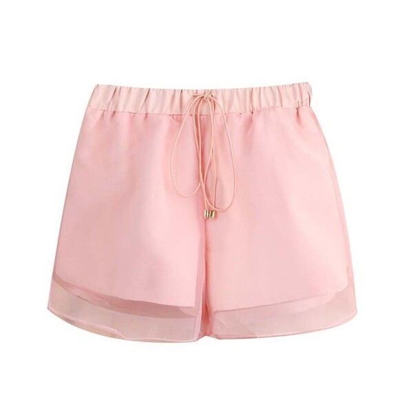ショルダパンツ シフォン 透け感 前結び ウェストゴム レディース ピンク フリーサイズ拍卖