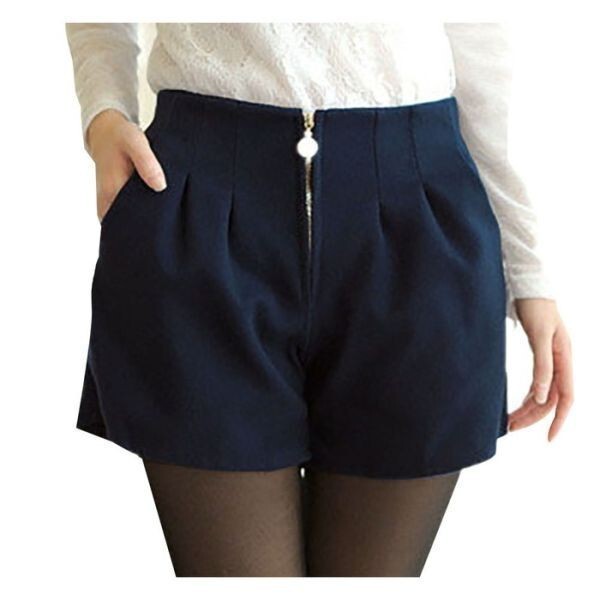 ショートパンツ 前ファスナー パール付き ポケット ウェストゴム フレア ウール レディース ネイビー ショート丈 XL(0)拍卖