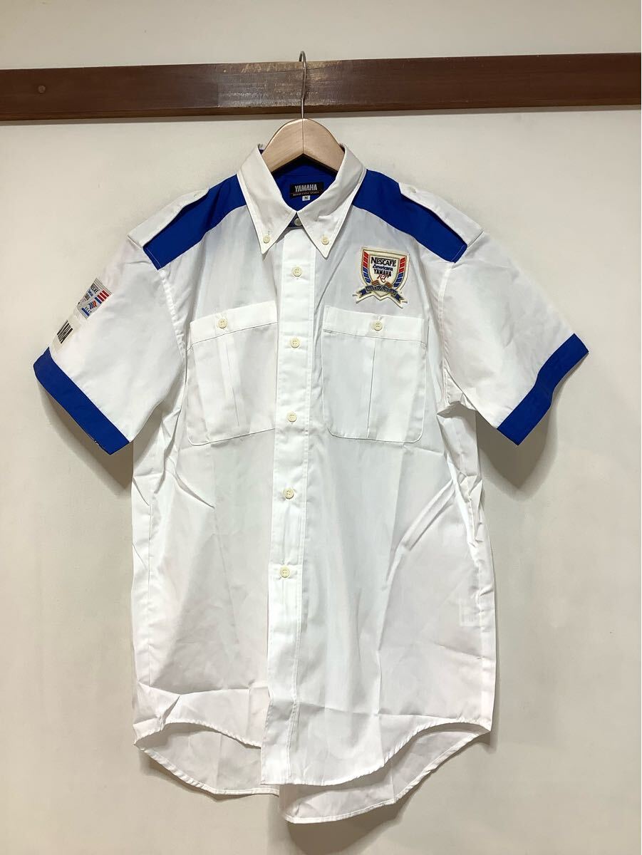 ぬ1631 YAMAHA NESCAFE Americana R.T 半袖シャツ ヤマハレーシング M ビンテージ ホワイト/ブルー ボタンダウン 希少 ワークシャツ拍卖