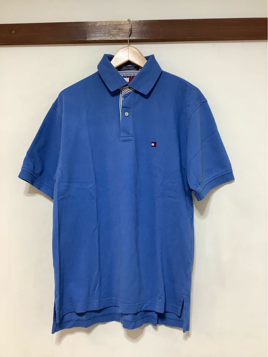 の1629 TOMMY HILFIGER トミーヒルフィガー 半袖ポロシャツ ロゴ刺繍 M ブルー 鹿の子 拍卖