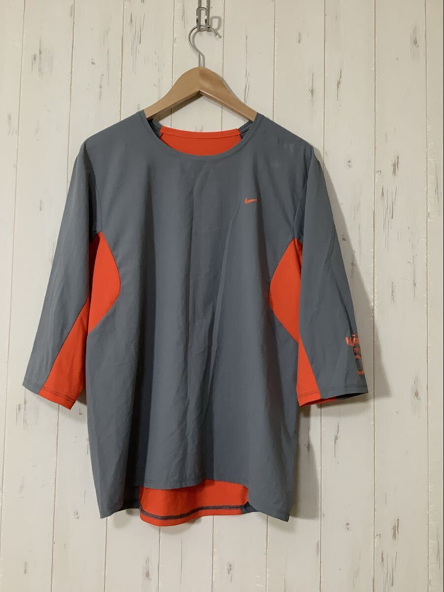 ほ1637 NIKE VAPOR SYSTEM ナイキ 七分袖 シャツ L グレー/オレンジ ロゴプリント DRI-FIT拍卖