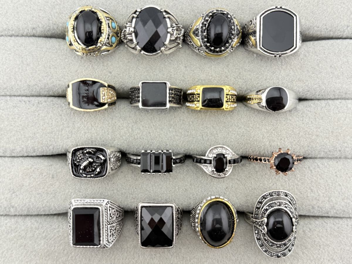 J816 オニキス風 リング 指輪 シルバーカラー ヴィンテージ アクセサリー 昭和レトロ 素材不明 イミテーション品 まとめ売り 大量 装飾品拍卖
